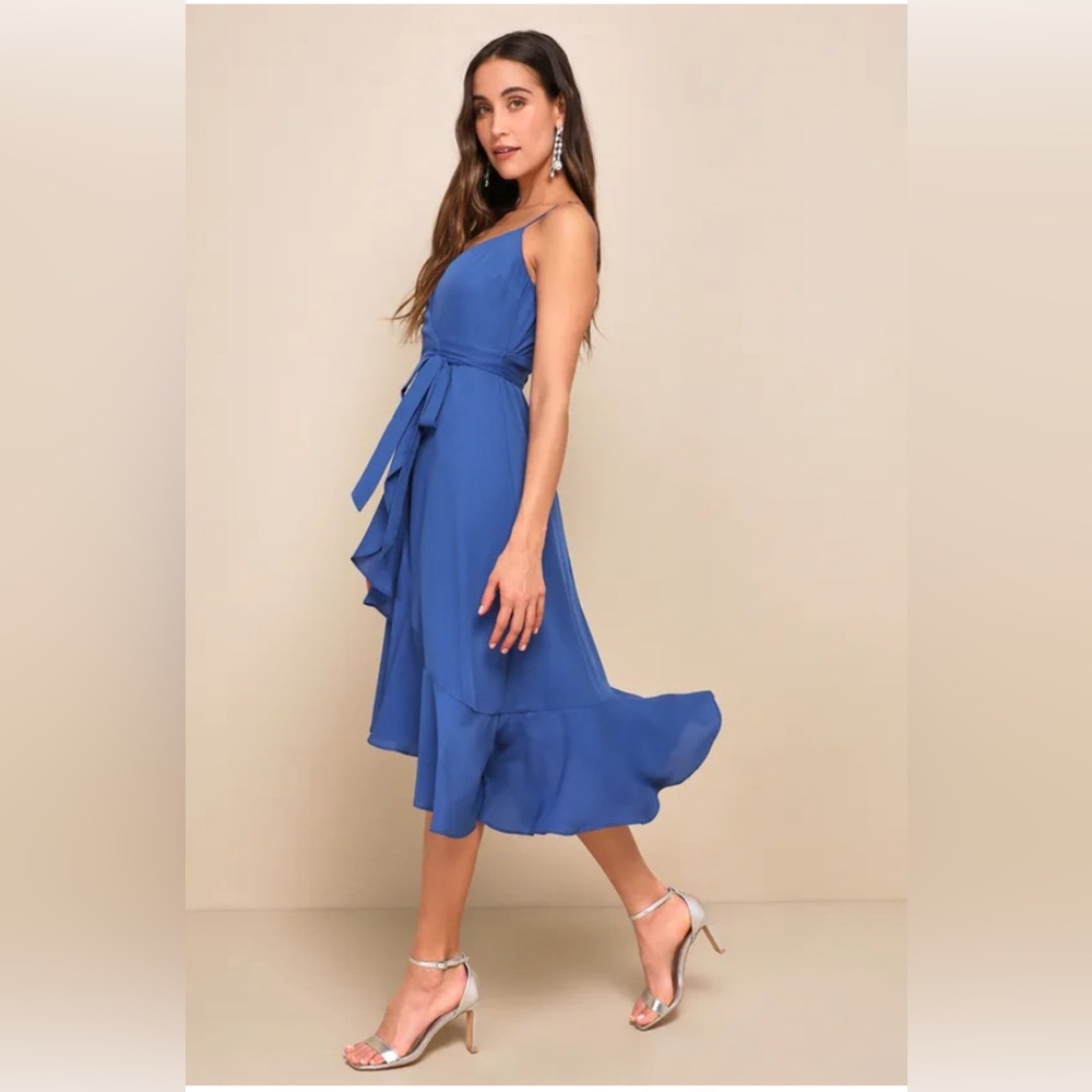 Manhattan Moment Blue Ruffled Midi Wrap Dress